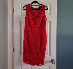 Adrianna Papell Red Sheath Midi Dress Sleeveless Scoop Neck Size 14